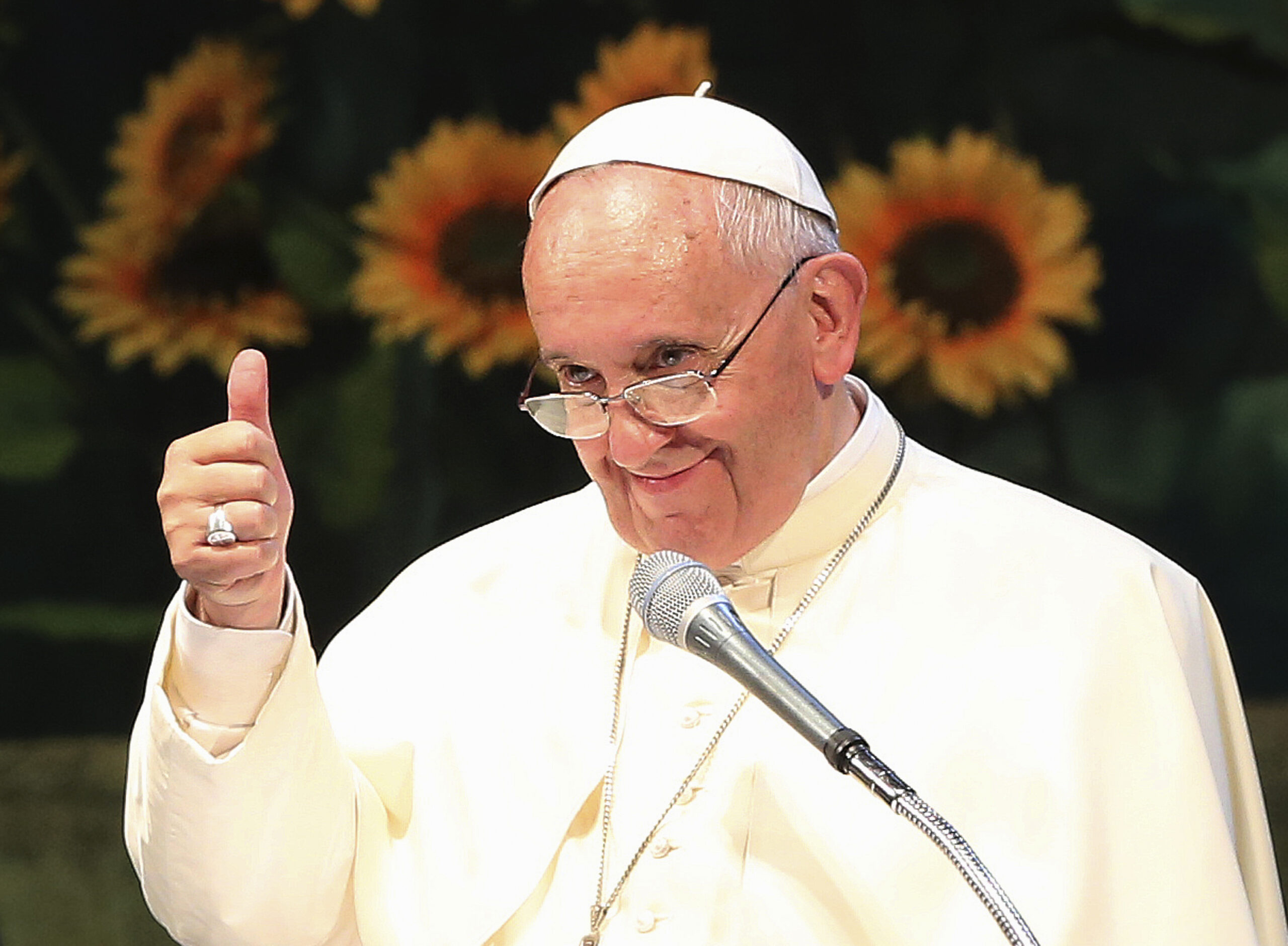 Pope Francis gestures during Asian Youth at the Solmoe sanctuary in Dangjin, South Korea, Friday, Aug. 15, 2014. (AP Photo/Ahn Young-joon, Pool) (Ahn Young-joon)