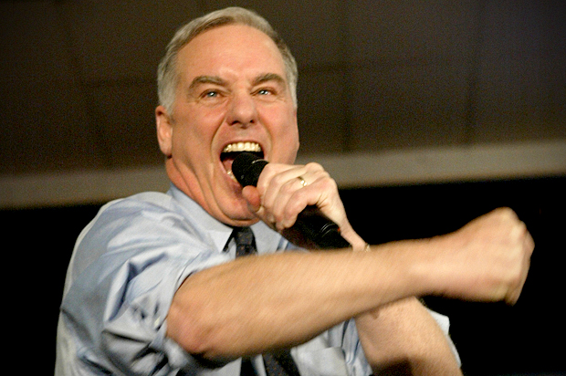 Howard Dean lets loose the "Dean Scream" while addressing supporters in West Des Moines, Iowa on Jan. 19, 2004. (AP/Paul Sancya)