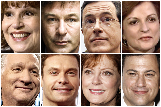 Clockwise, from top left: Joy Behar, Alec Baldwin, Stephen Colbert, Maureen Dowd, Jimmy Kimmel, Susan Sarandon, Ryan Seacrest, Bill Maher (Reuters/AP/Carlo Allegri/Mark Blinch/Alex Brandon/ABC News/Janet Van Ham/Jonathan Alcorn/Matt Sayles)