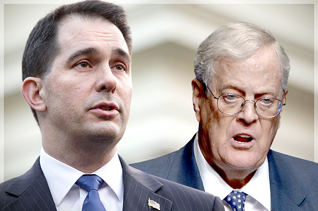 Scott Walker, David Koch (AP/Jacquelyn Martin/Phelan M. Ebenhack/Photo montage by Salon)