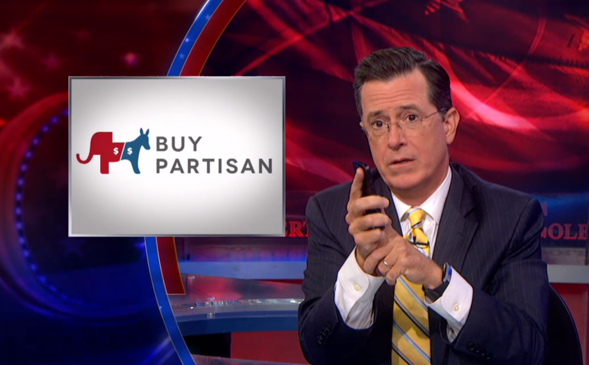 Stephen Colbert tests out the Buy Partisan app (Screenshot/The Colbert Report)