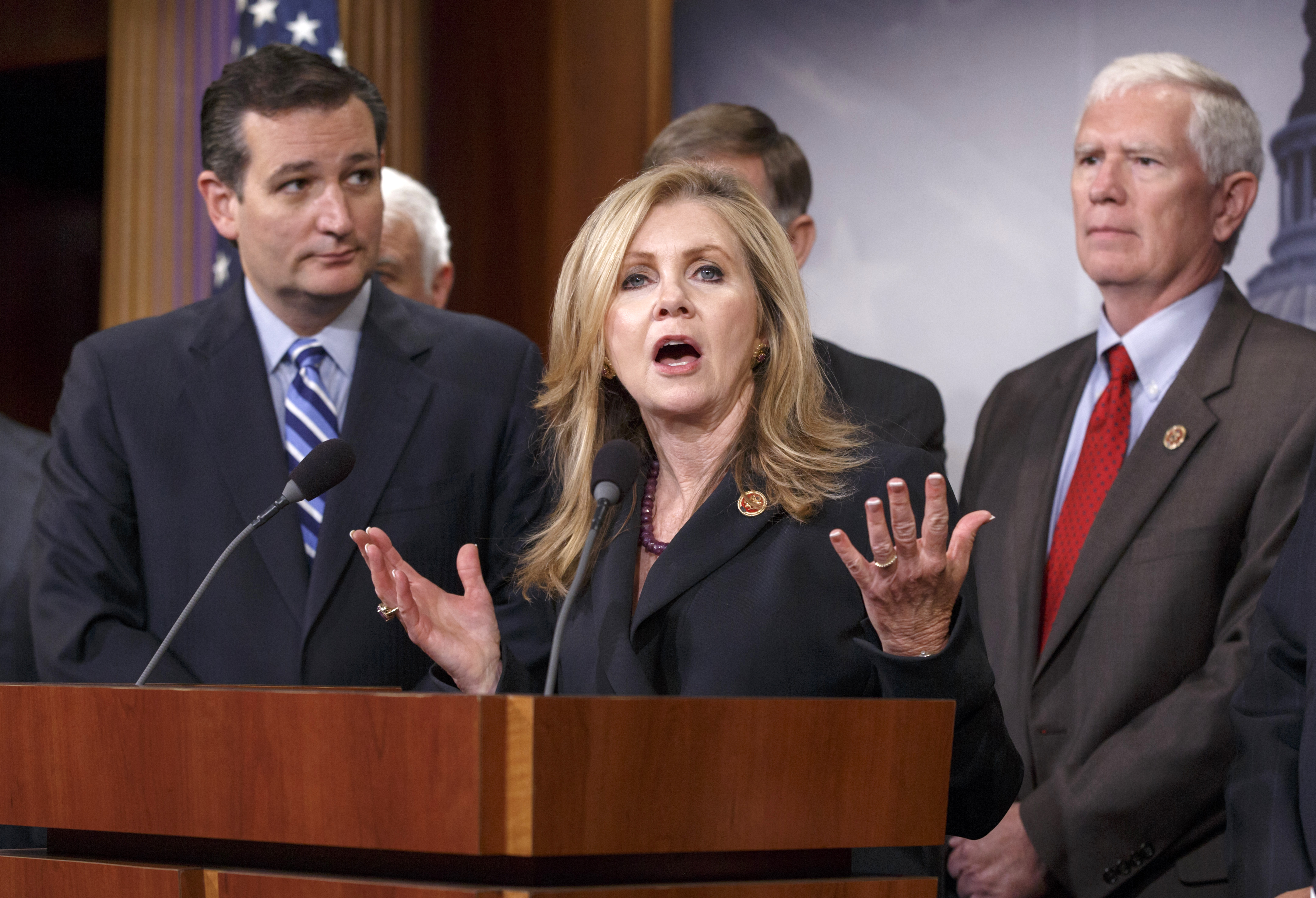 Rep. Marsha Blackburn, R-Tenn., center, flanked by Sen. Ted Cruz, R-Texas, left, and Rep. Mo Brooks, R-Ala., right, joins in criticizing President Barack Obama on immigration, Tuesday, Sept. 9, 2014, during a Republican news conference about the immigration crisis along the U.S.-Mexico border, Capitol Hill in Washington.  (AP Photo/J. Scott Applewhite) (AP)