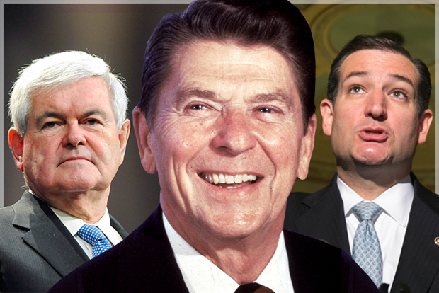 Newt Gingrich, Ronald Reagan, Ted Cruz (AP/Reuters/Tami Chappell/Kevin Lamarque/photo montage by Salon)
