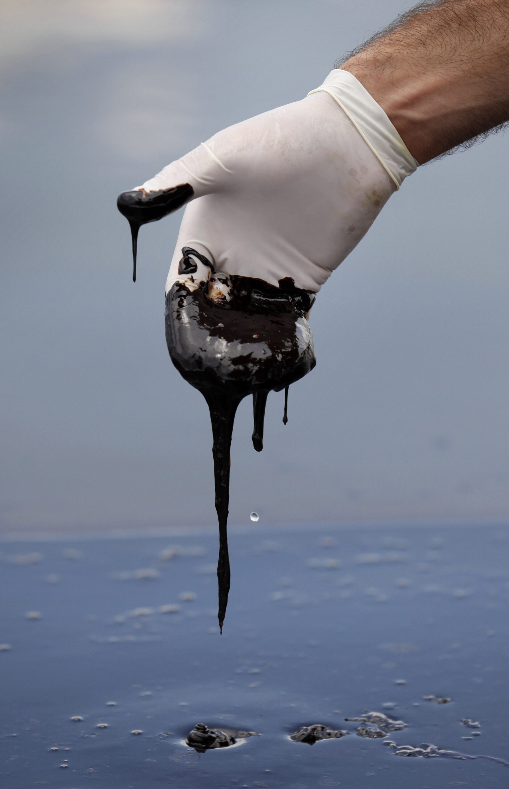 A member of Louisiana Gov. Bobby Jindal's staff reaches into thick oil in the Northern regions of Barataria Bay in Plaquemines Parish, La., Tuesday, June 15, 2010. (AP Photo/Gerald Herbert) (Gerald Herbert)