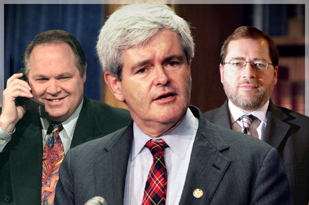 Rush Limbaugh, Newt Gingrich, Grover Norquist (AP/Reuters/Doug Mills/Mike Theiler/Yuri Gripas/photo montage by Salon)