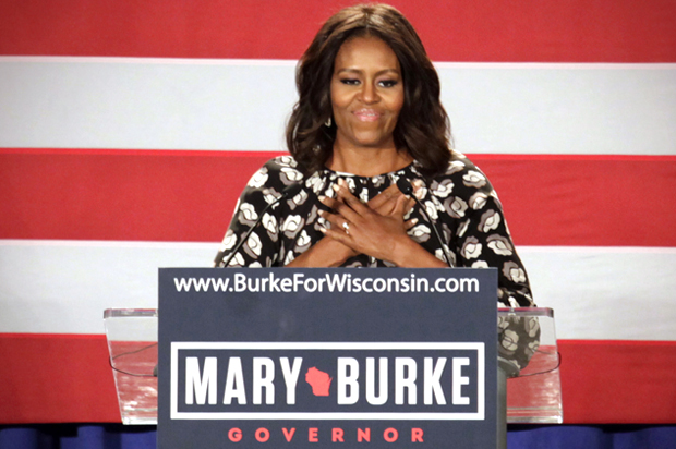 Michelle Obama speaks on behalf of Wisconsin Democratic gubernatorial candidate Mary Burke at a campaign rally, Sept. 29, 2014, in Milwaukee. (AP/Darren Hauck)