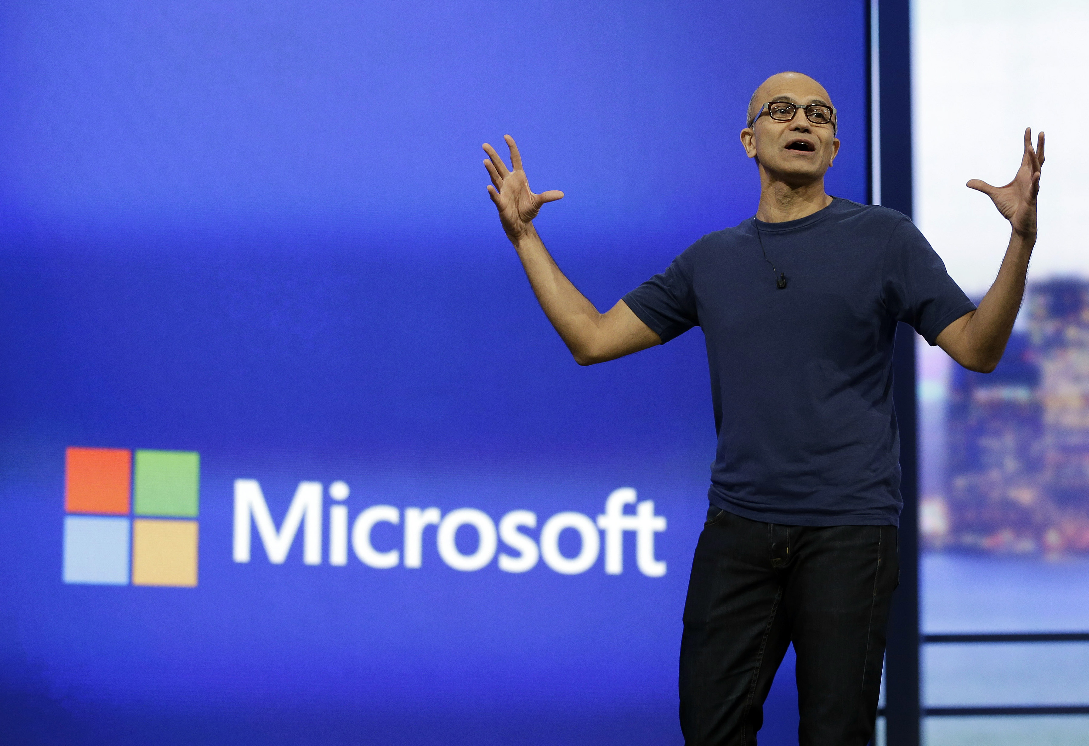 Microsoft CEO Satya Nadella gestures during the keynote address of the Build Conference in San Francisco. (AP Photo/Eric Risberg)