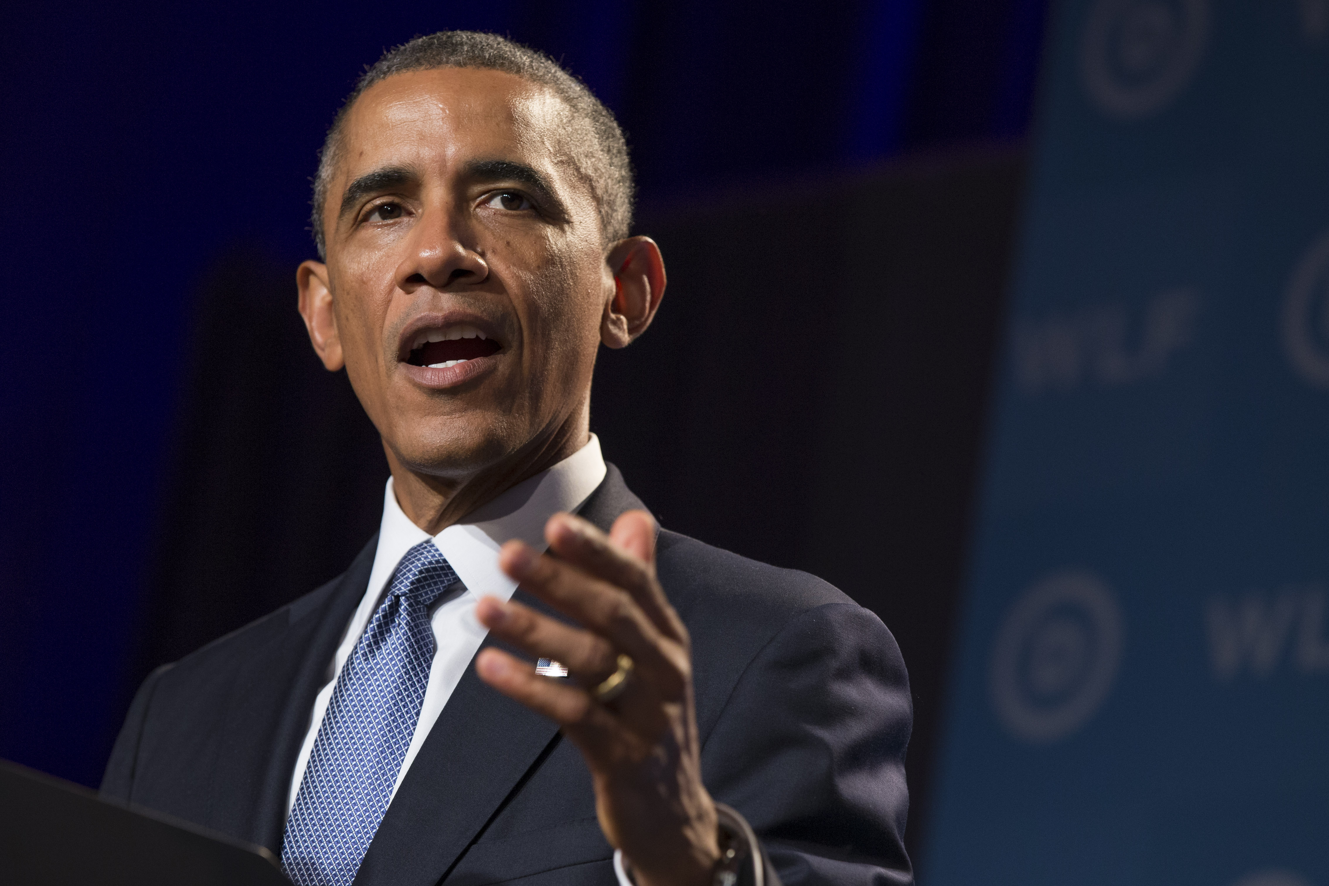 President Barack Obama gestures during remarks at the Democratic National Committee's Women's Leadership Forum, on Friday, Sept. 19, 2014, in Washington. (AP Photo/Evan Vucci) (AP)