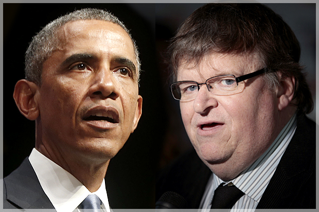 Barack Obama, Michael Moore (Reuters/Charles Dharapak/Lucas Jackson/photo montage by Salon)
