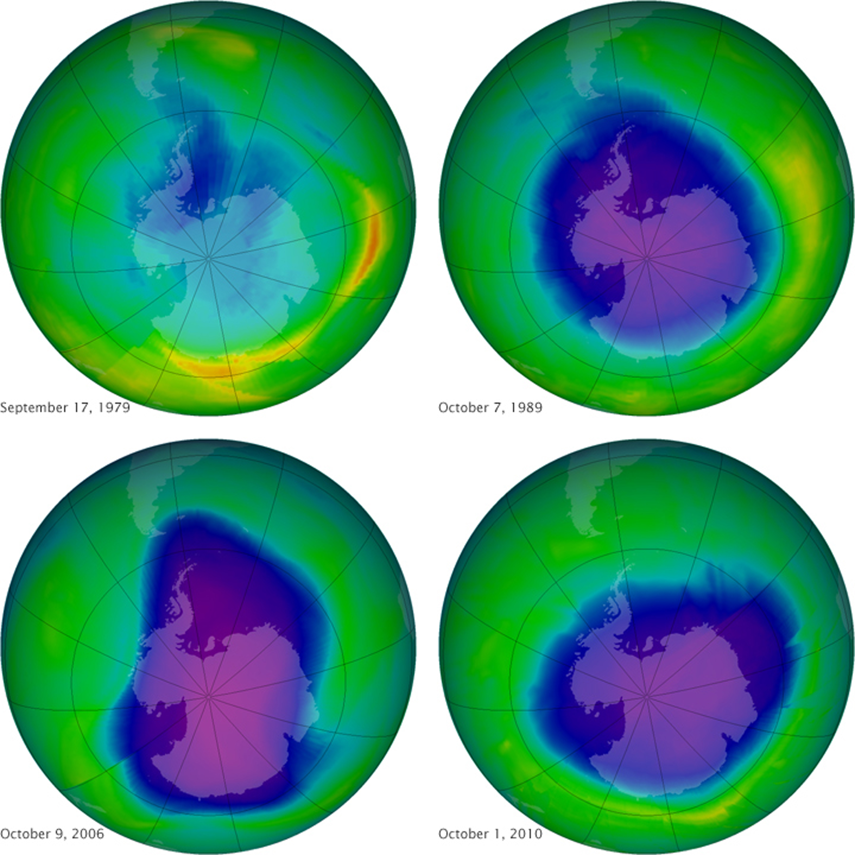 This undated image provided by NASA shows the ozone layer over the years, Sept. 17, 1979, top left, Oct. 7, 1989, top right, Oct. 9, 2006, lower left, and Oct. 1, 2010, lower right. Earth protective but fragile ozone layer is finally starting to rebound, says a United Nations panel of scientists. Scientists hail this as rare environmental good news, demonstrating that when the world comes together it can stop a brewing ecological crisis. (AP/NASA)