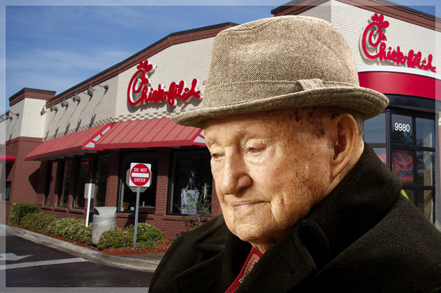 S. Truett Cathy, founder of Chick-fil-A. (AP/Ric Feld/<a href='http://www.shutterstock.com/gallery-221230p1.html'>Rob Wilson</a> via <a href='http://www.shutterstock.com/'>Shutterstock</a>/Photo montage by Salon)
