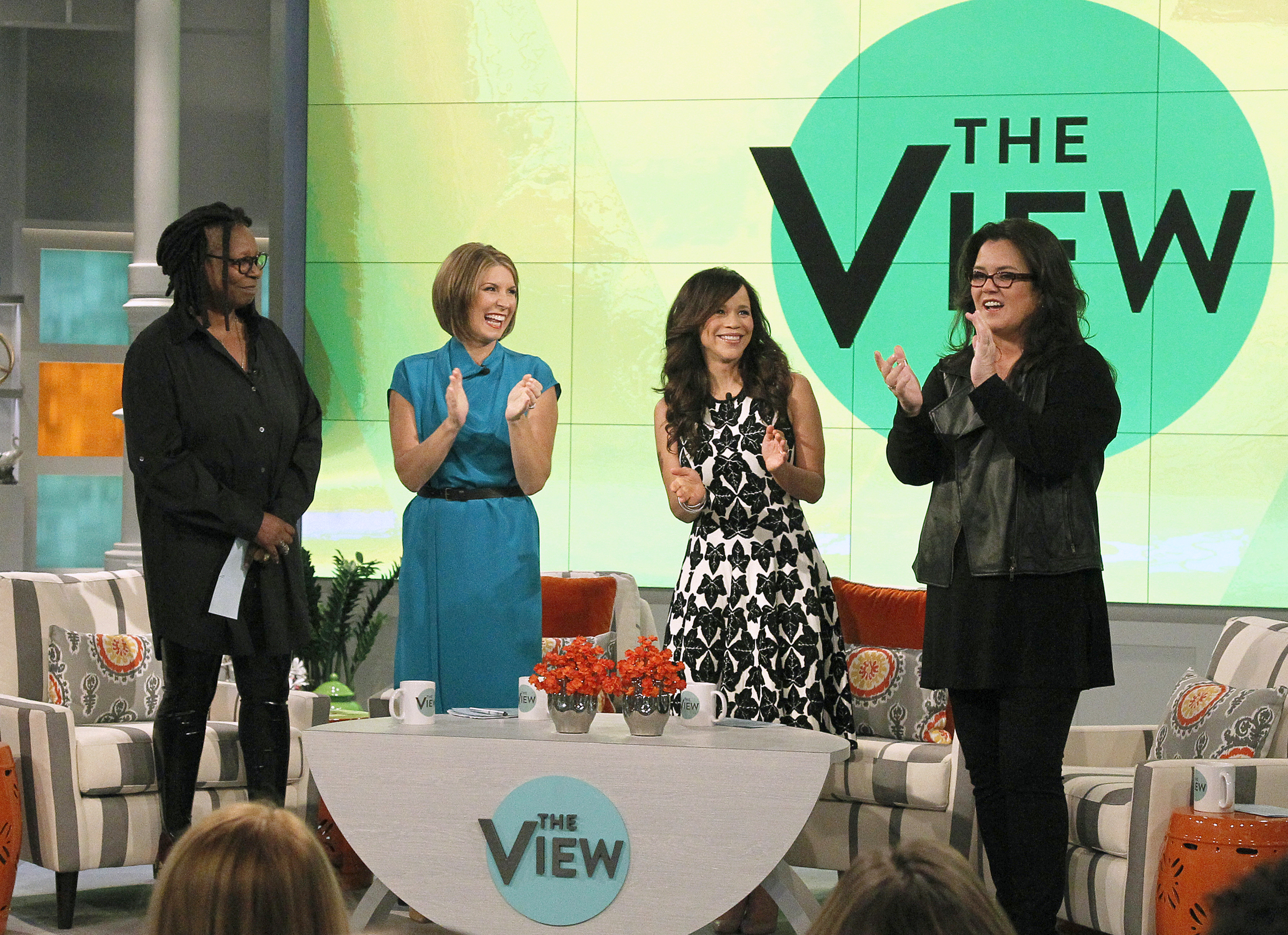 In this image released by ABC,  co-hosts, from left, Whoopi Goldberg, Nicolle Wallace, Rosie Perez and Rosie O'Donnell appear on the set of the daytime talk show "The View," on Monday, Sept. 15, 2014 in New York. (AP Photo/ABC, Lou Rocco) (AP)