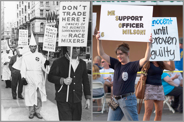 Unidentified Ku Klux Klan members are among those picketing a restaurant, July 11, 1964, Atlanta, Ga.; supporters of Darren Wilson hold placards in St. Louis, Mo., Aug. 23, 2014. (AP/Reuters/Adrees Latif)