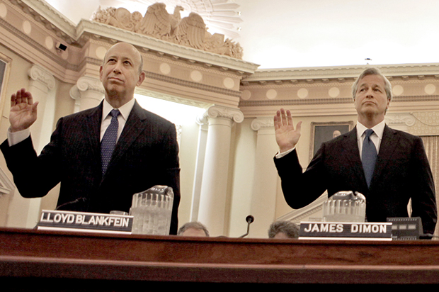 Lloyd Blankfein and Jamie Dimon are sworn in on Capitol Hill, Jan. 13, 2010, prior to testifying  before the Financial Crisis Inquiry Commission (AP/Pablo Martinez Monsivais)