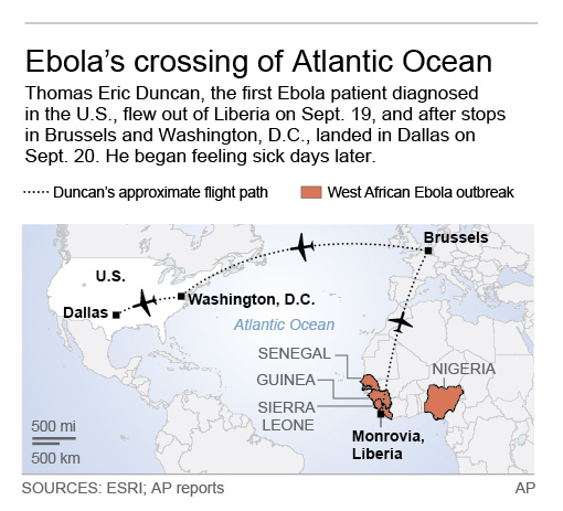 Map shows Ebola victim flight across Atlantic; 2c x 3 inches; 96.3 mm x 76 mm; (AP)