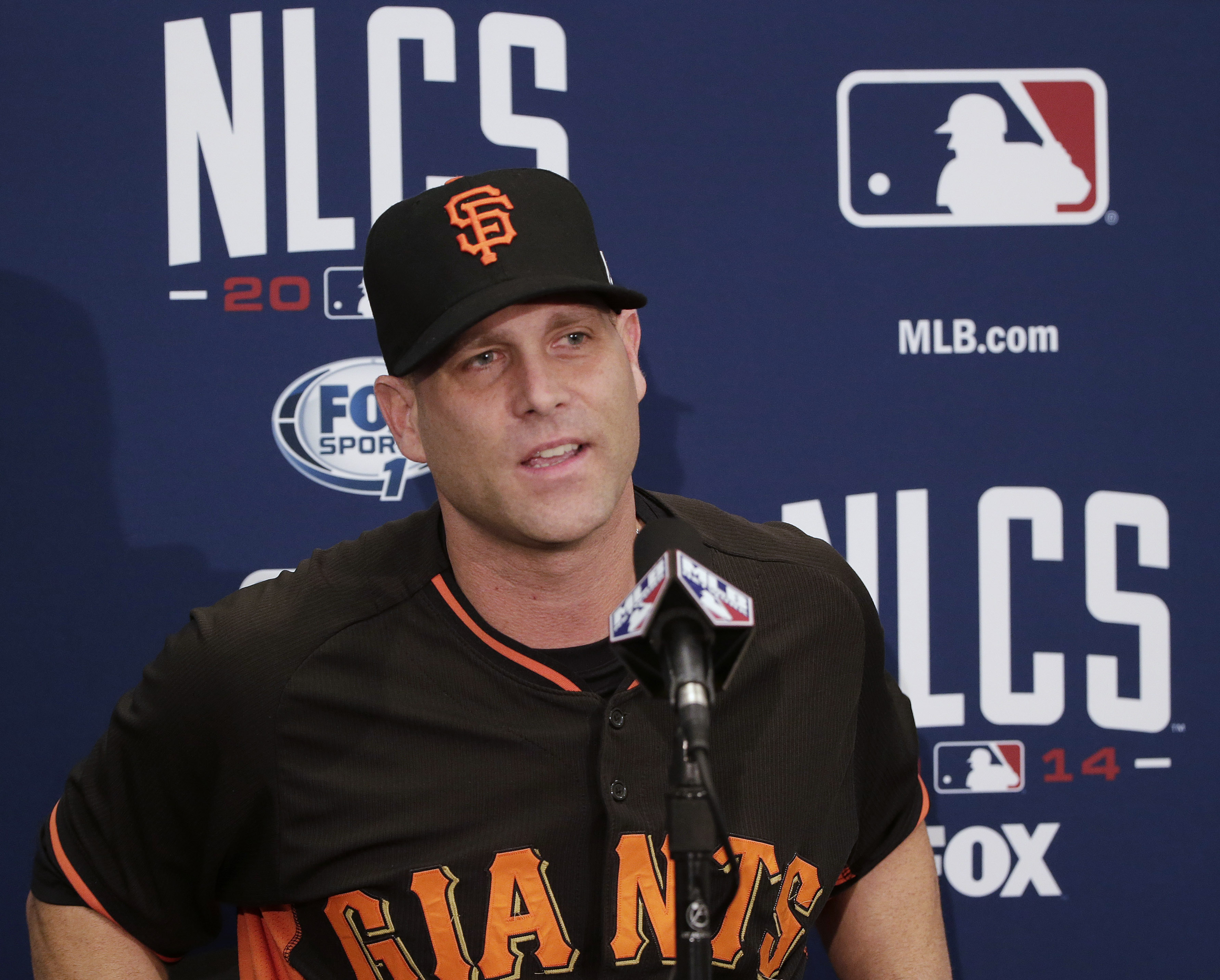 San Francisco Giants starting pitcher Tim Hudson answers questions from reporters on Monday, Oct. 13, 2014, in San Francisco.  The St. Louis Cardinals and San Francisco Giants are scheduled to play Game 3 of the National League Championship Series on Tuesday in San Francisco. (AP Photo/Marcio Jose Sanchez) (AP)