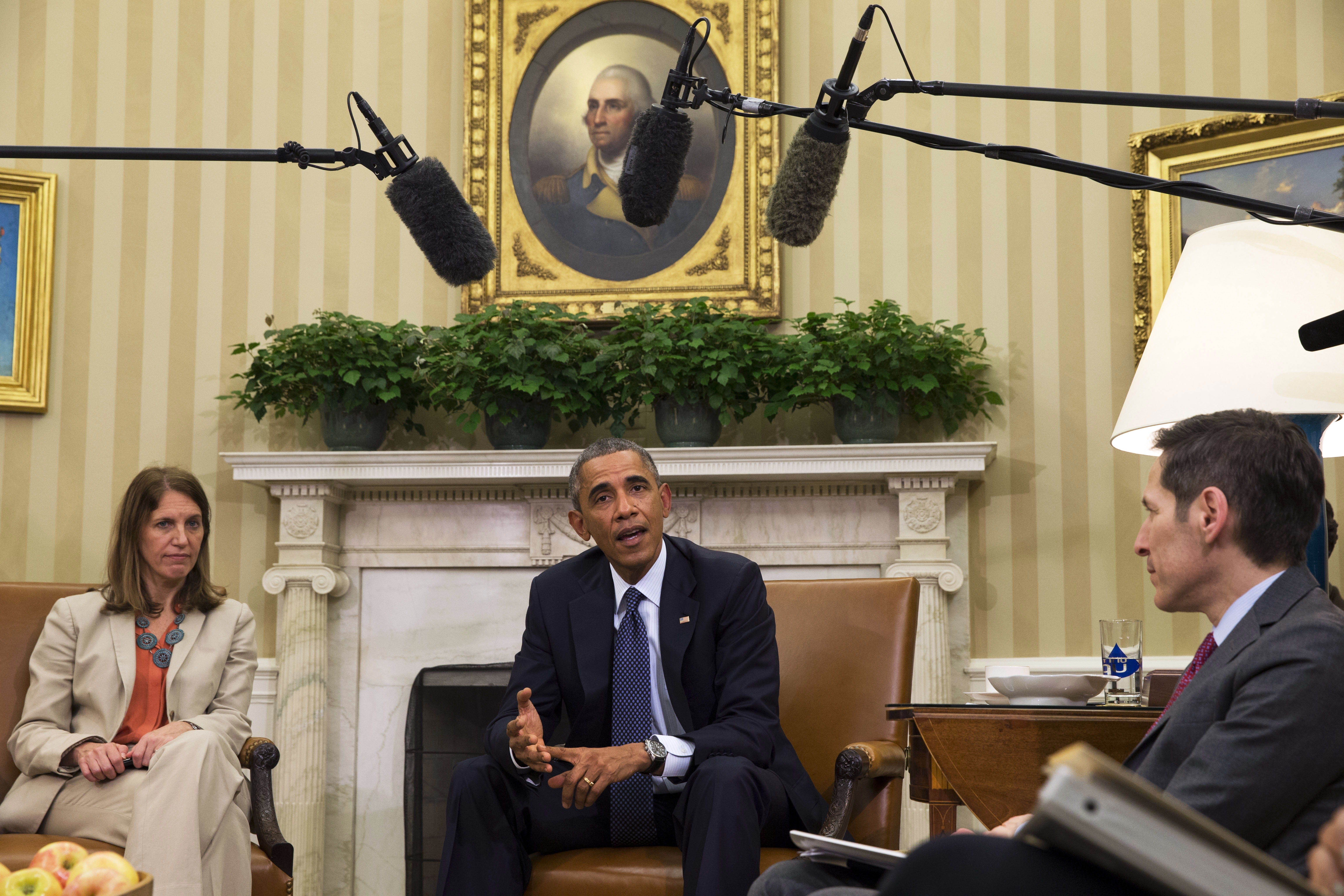 President Barack Obama speaks to the media about the governments Ebola response, in the Oval Office of the White House Thursday, Oct. 16, 2014, in Washington. At left is Sylvia Burwell, Secretary of Health and Human Services, and at right is Dr. Thomas Frieden, Director of the Centers for Disease Control and Prevention. (AP Photo/Jacquelyn Martin) (AP)