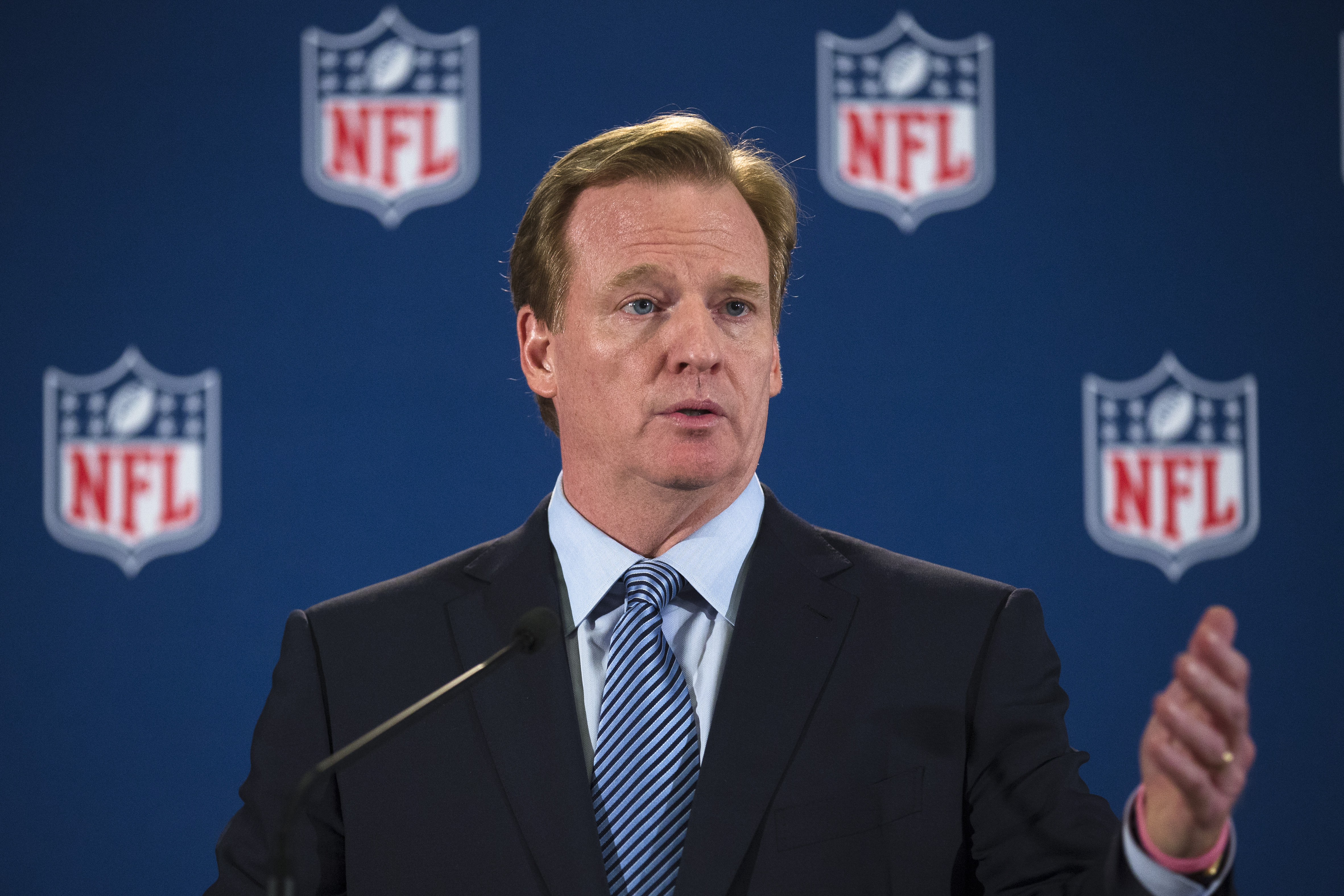 NFL commissioner Roger Goodell speaks during a news conference following a meeting of NFL owners and executives in New York, Wednesday, Oct. 8, 2014. The meetings were held to help the NFL develop and carry out a domestic violence educational program. (AP Photo/John Minchillo) (AP)