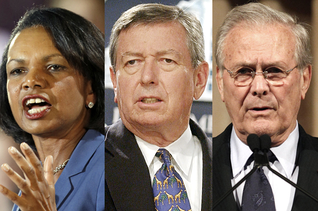 Condoleezza Rice, John Ashcroft, Donald Rumsfeld (AP/Mark Duncan/Stephen J. Boitano/Wally Santana)