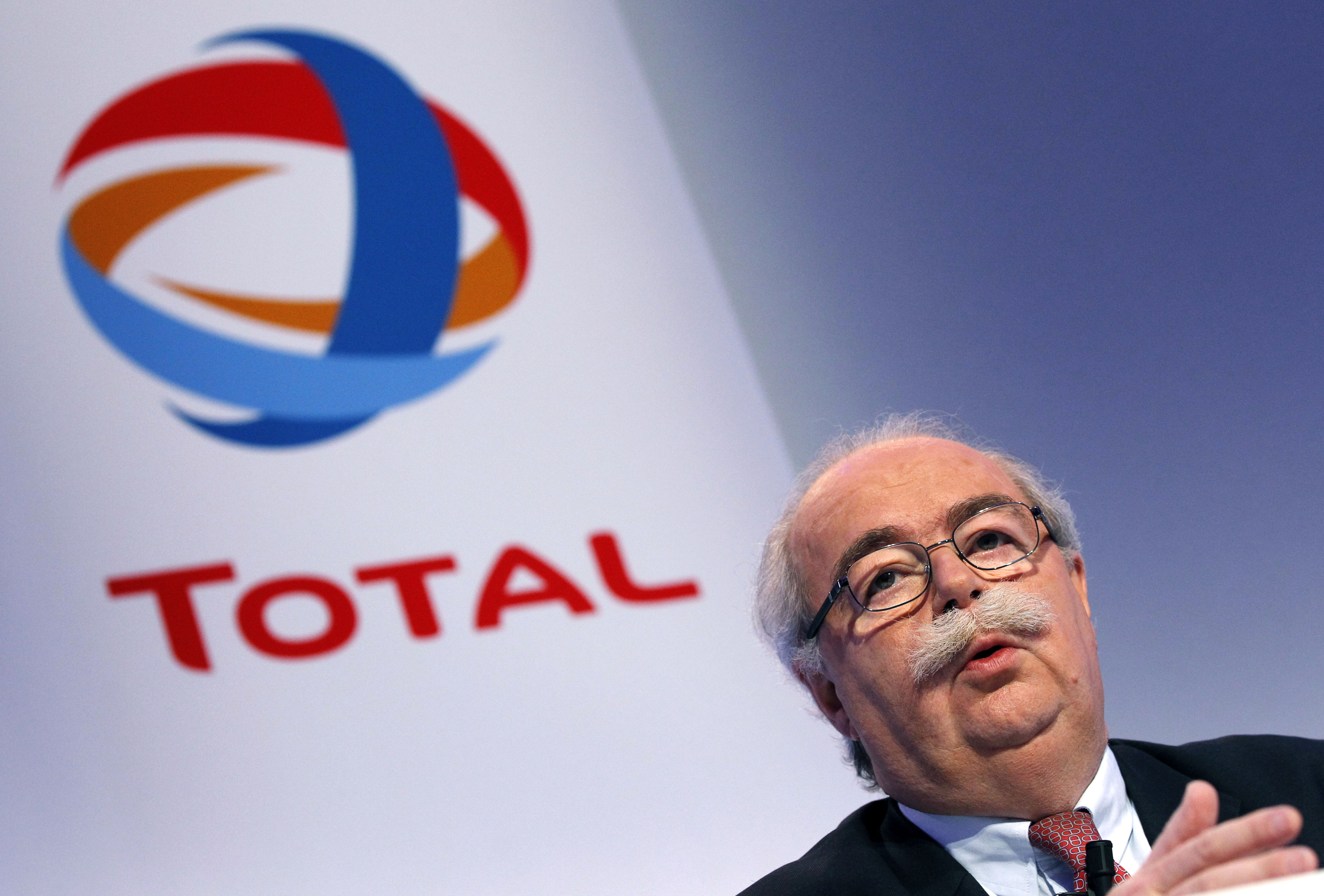 FILE - This Friday, Feb. 11, 2011, file photo shows French energy giant Total CEO, Christophe de Margerie addressing reporters during a press conference in Paris, France.  The CEO of French oil giant Total SA was killed when his corporate jet collided with a snow removal machine Monday night at Moscow's Vnukovo Airport, the company said. Total "confirms with deep regret and sadness" that Chairman and CEO Christophe de Margerie died in a private plane crash at the Moscow airport, the company said in a press release dated Tuesday and posted on its website. (AP Photo/Christophe Ena, File) (AP)