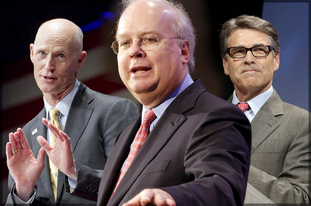 Rick Scott, Karl Rove, Rick Perry (AP/J. Scott Applewhite/LM Otero/Rich Pedroncelli/Photo montage by Salon)