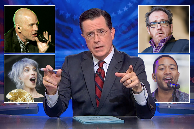 Stephen Colbert surrounded by (clockwise from top left): Michael Stipe, Elvis Costello, John Legend, St. Vincent (Comedy Central/AP/Shutterstock/Salon)