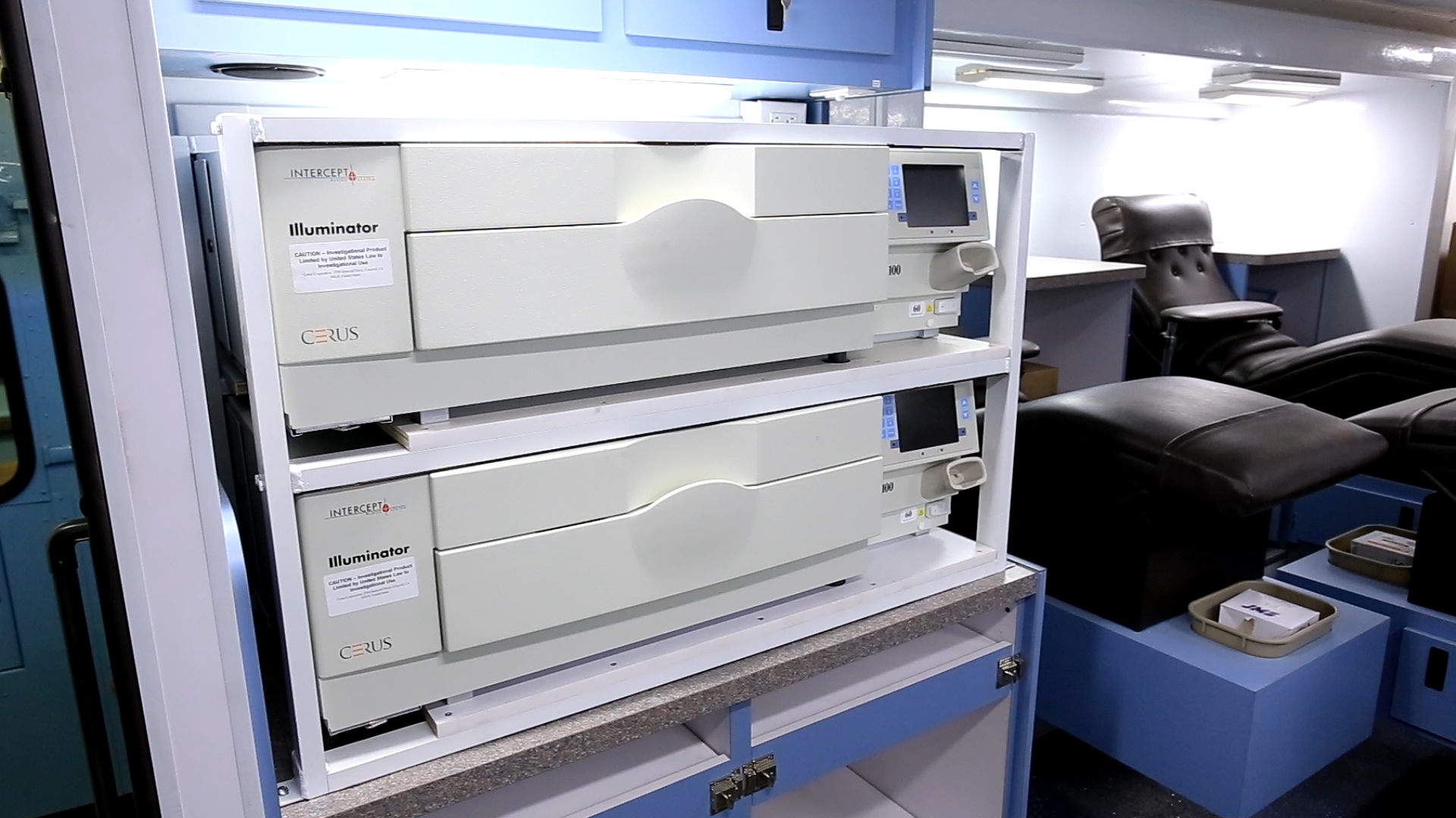This Nov. 7, 2014, photo shows the inside a mobile donation unit at the Raleigh-Durham International Airport in Raleigh, N.C. The unit was headed to Liberia for use in a study of blood plasma treatment for Ebola patients. (AP Photo/Trevor Jenkins) (AP)