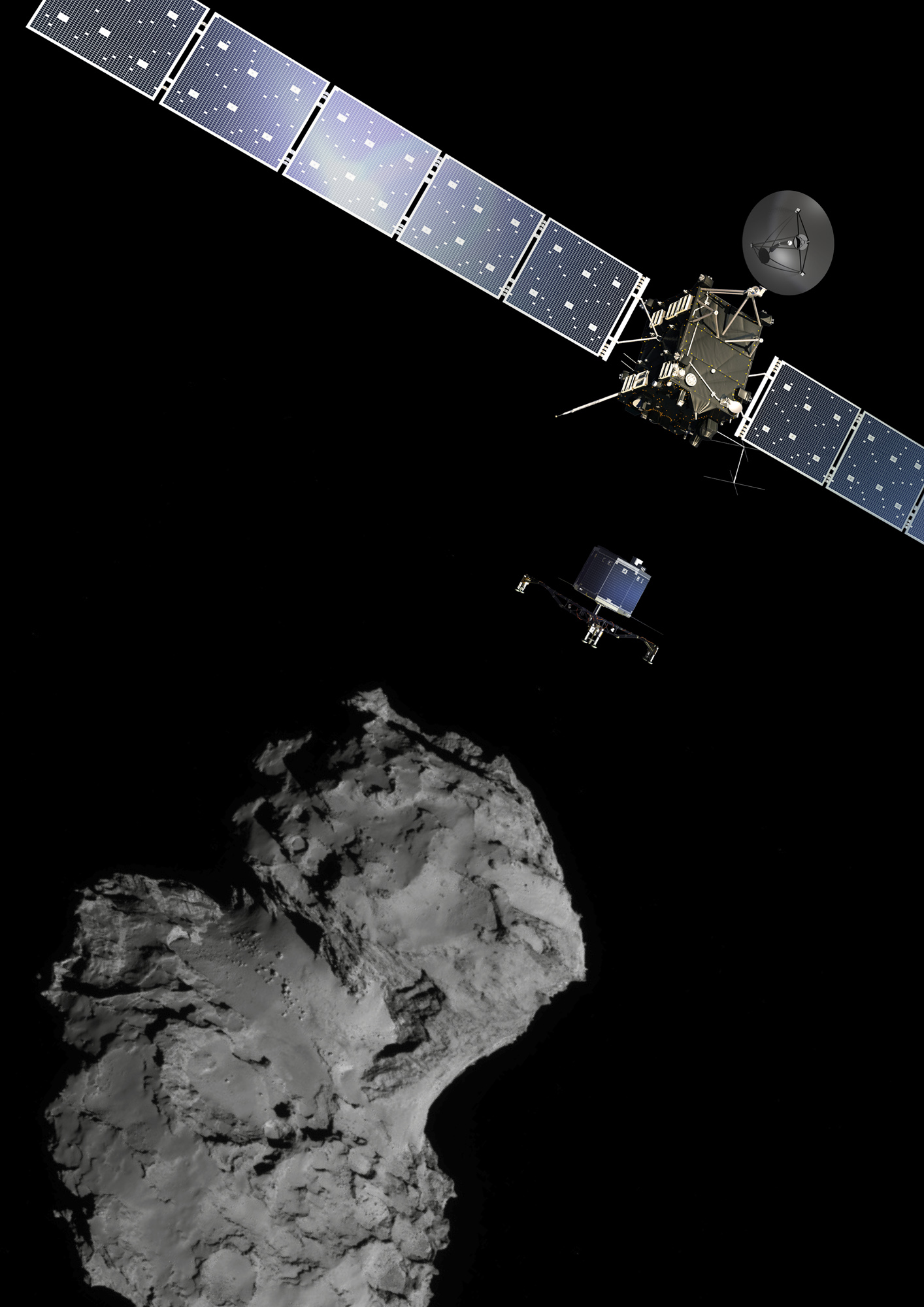 The picture released by the European Space Agency ESA shows the Rosetta mission poster which is a combination of various images to illustrate the deployment of the Philae lander to comet 67P/ChuryumovGerasimenko. from the Rosetta spacecraft.  The image of the comet was taken with the navigation camera on Rosetta. On Wednesday, Nov. 12,  2014 the Philae lander landed on the comet. (AP Photo/ESA)