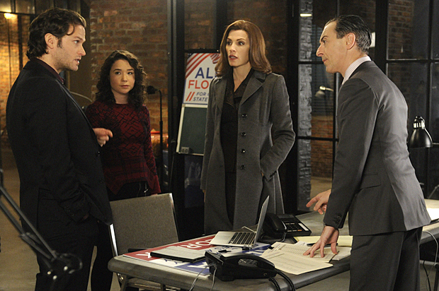 Steven Pasquale, Sarah Steele, Julianna Margulies and Alan Cumming in "The Good Wife" (CBS/Jeffery Neira)