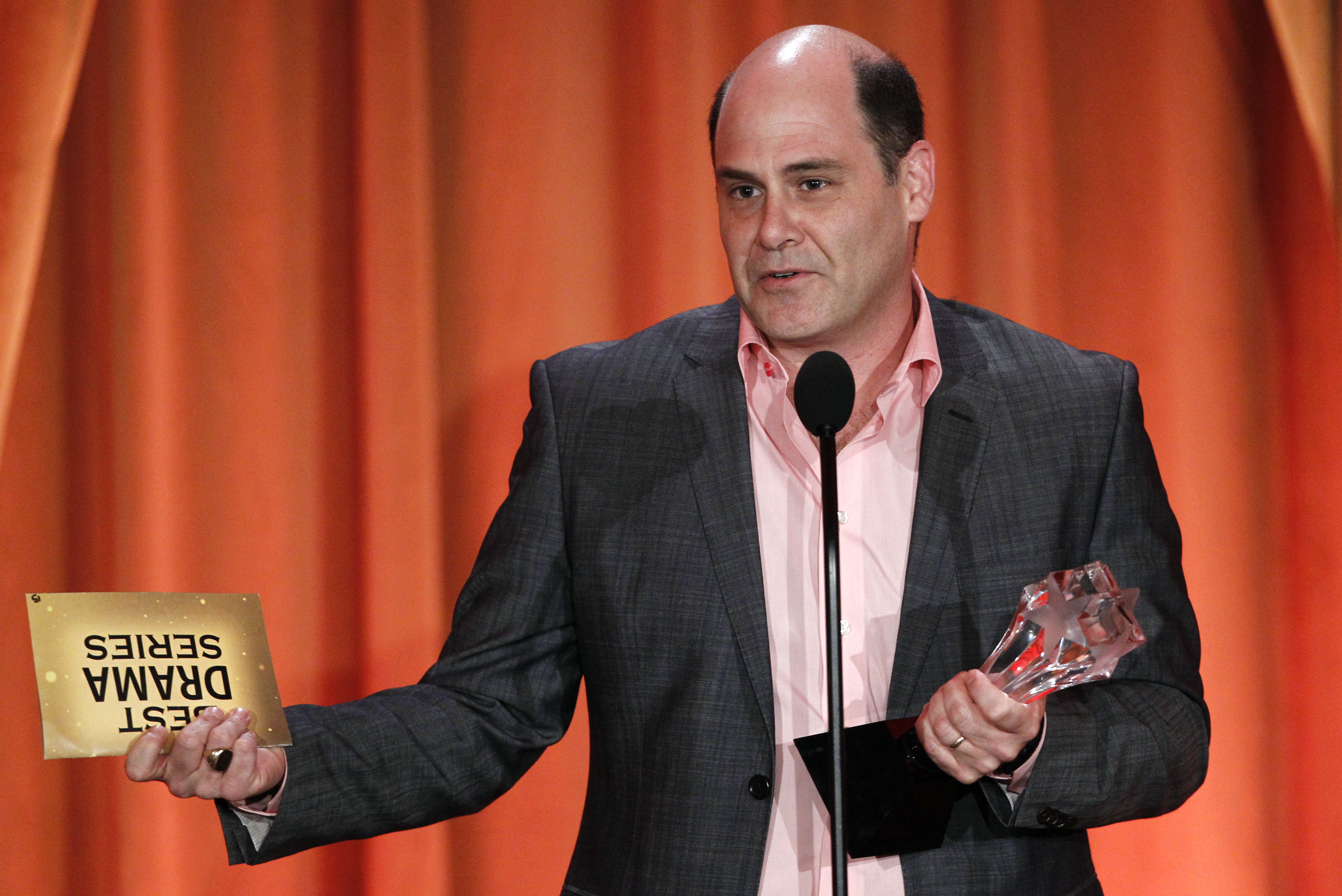FILE - In this June 20, 2011, file photo, Matthew Weiner, creator of "Mad Man," accepts the award for best drama series at the inaugural Critics' Choice Television Awards in Beverly Hills, Calif. Weiner will be receiving the honorary International Emmy Founders Award, Monday, Nov. 24, 2014, at the International Emmys Gala ceremony at the Hilton New York. (AP Photo/Matt Sayles, File) (AP)