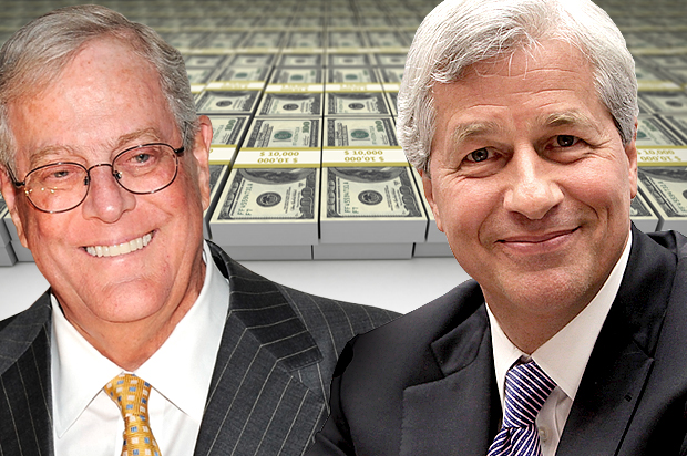 David Koch, Jamie Dimon (AP/Evan Agostini/Reuters/Yuri Gripas/<a href='http://www.shutterstock.com/gallery-380674p1.html'>Jezper</a> via <a href='http://www.shutterstock.com/'>Shutterstock</a>/Salon)