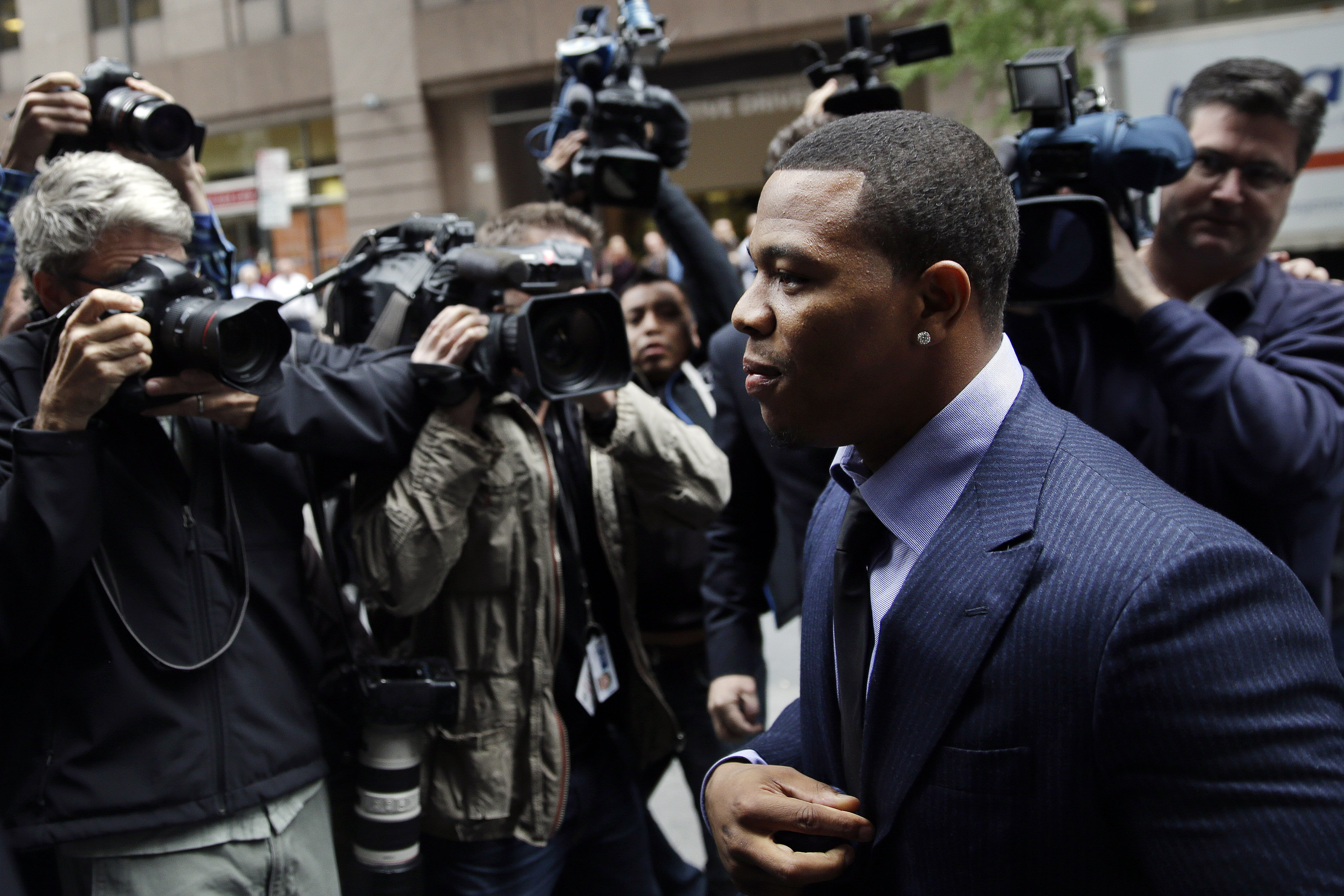 Ray Rice arrives for an appeal hearing of his indefinite suspension from the NFL, Wednesday, Nov. 5, 2014, in New York. (AP Photo/Seth Wenig) (AP)