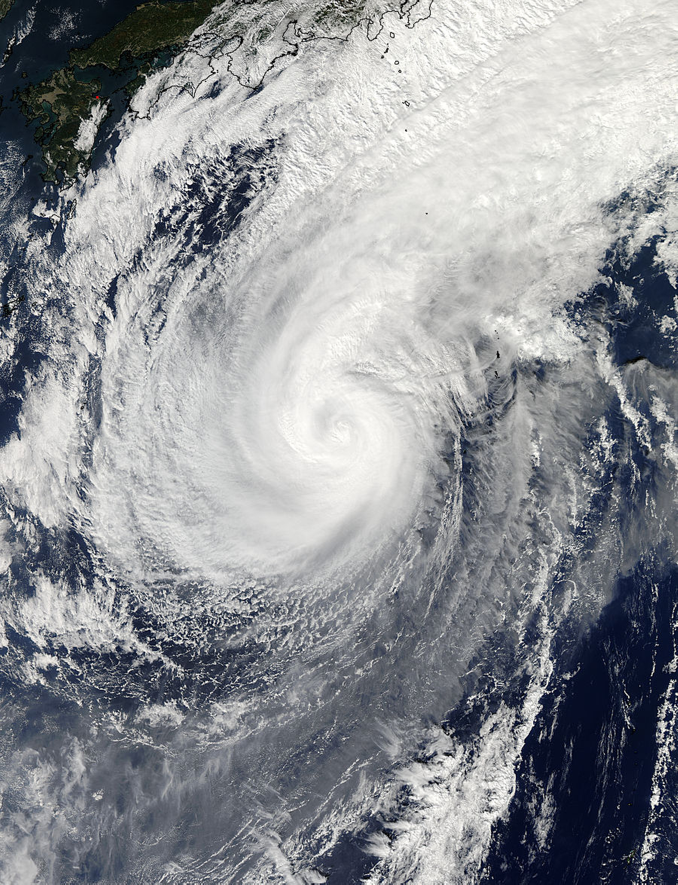This Nov. 5, 2014 photo provided by NASA shows a picture captured by NASA's Aqua satellite of Typhoon Nuri. Weather forecasters say an explosive storm, a remnant of Typhoon Nuri, surpassing the intensity of 2012's Superstorm Sandy is heading toward the northern Pacific Ocean and expected to pass Alaska's Aleutian Islands over the weekend. (AP/NASA)