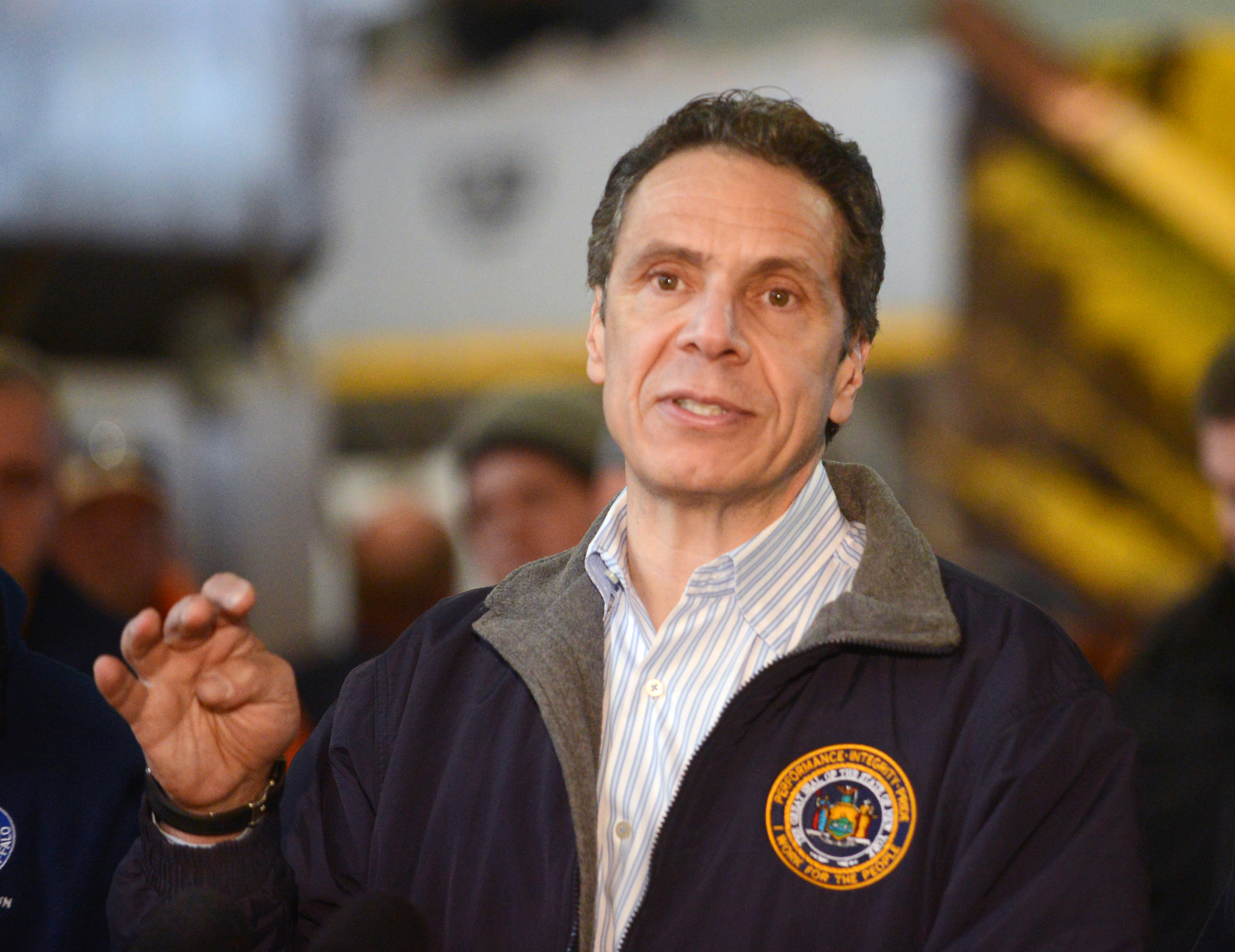 Governor Andrew M. Cuomo answers a question from the media during a storm briefing at the Thruway Authority in Cheektowaga, N.Y. Wednesday, Nov.19, 2014. The Buffalo area found itself buried under as much as 5½ feet of snow Wednesday, with another lake-effect storm expected to bring 2 to 3 more feet by late Thursday. (AP/Gary Wiepert)