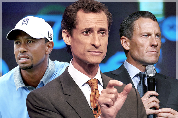 Tiger Woods, Anthony Weiner, Lance Armstrong (Reuters/Aaron Josefczyk/AP/James Keivom/Elizabeth Kreutz/Photo montage by Salon)