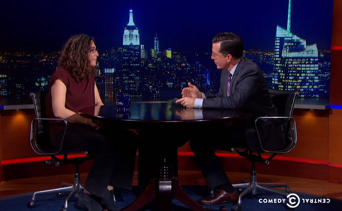 Sarah Koenig and Stephen Colbert (Comedy Central)