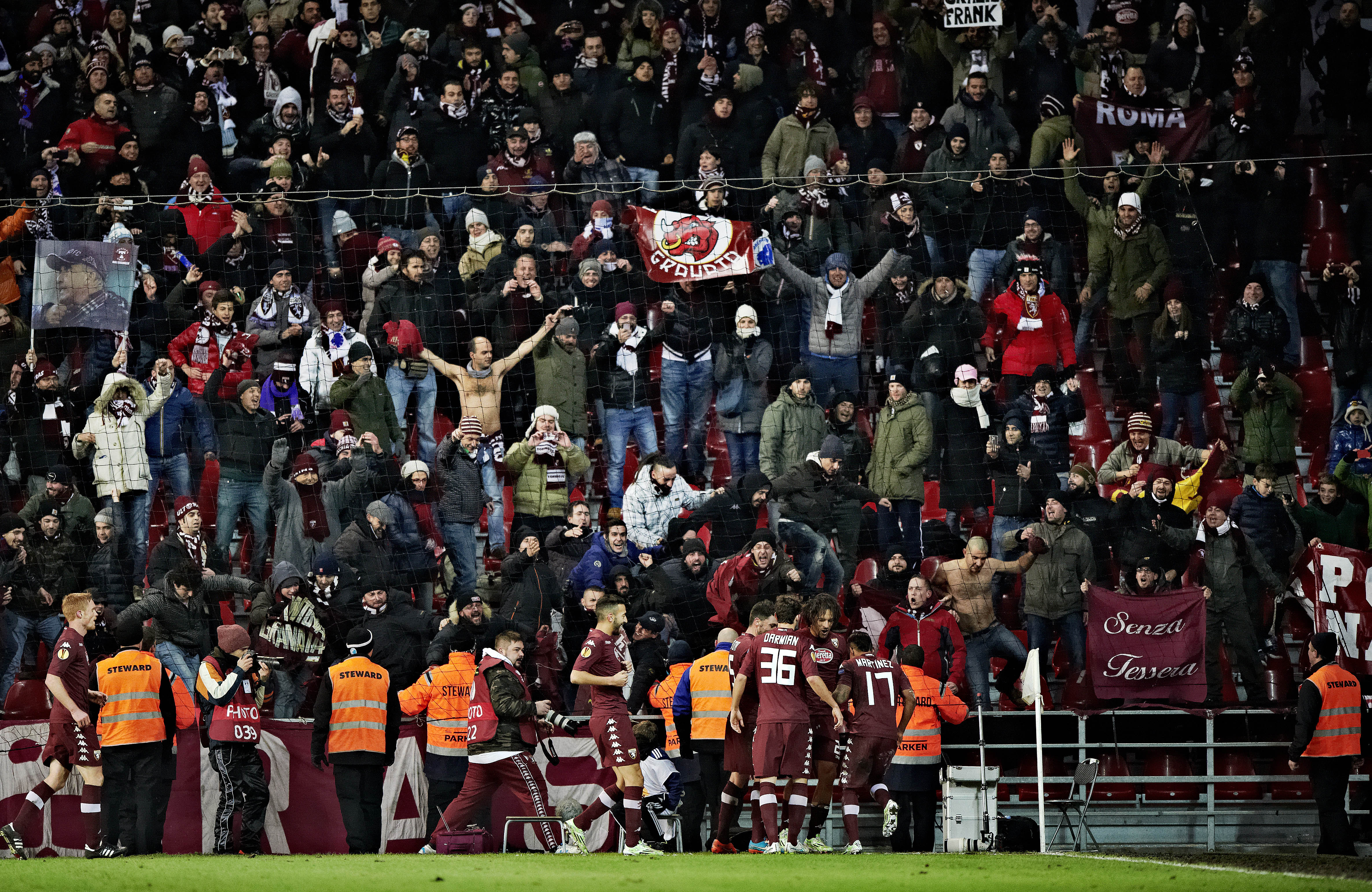 Torino FC's players celebrates after Amauro from Brazil, second right, scored their second goal during the Europa League, Group B, soccer match against FC Copenhagen at Parken Stadium in Copenhagen, Denmark, Thursday, Dec. 11, 2014. (AP Photo/POLFOTO,Tariq Mikkel Khan) DENMARK OUT (AP)