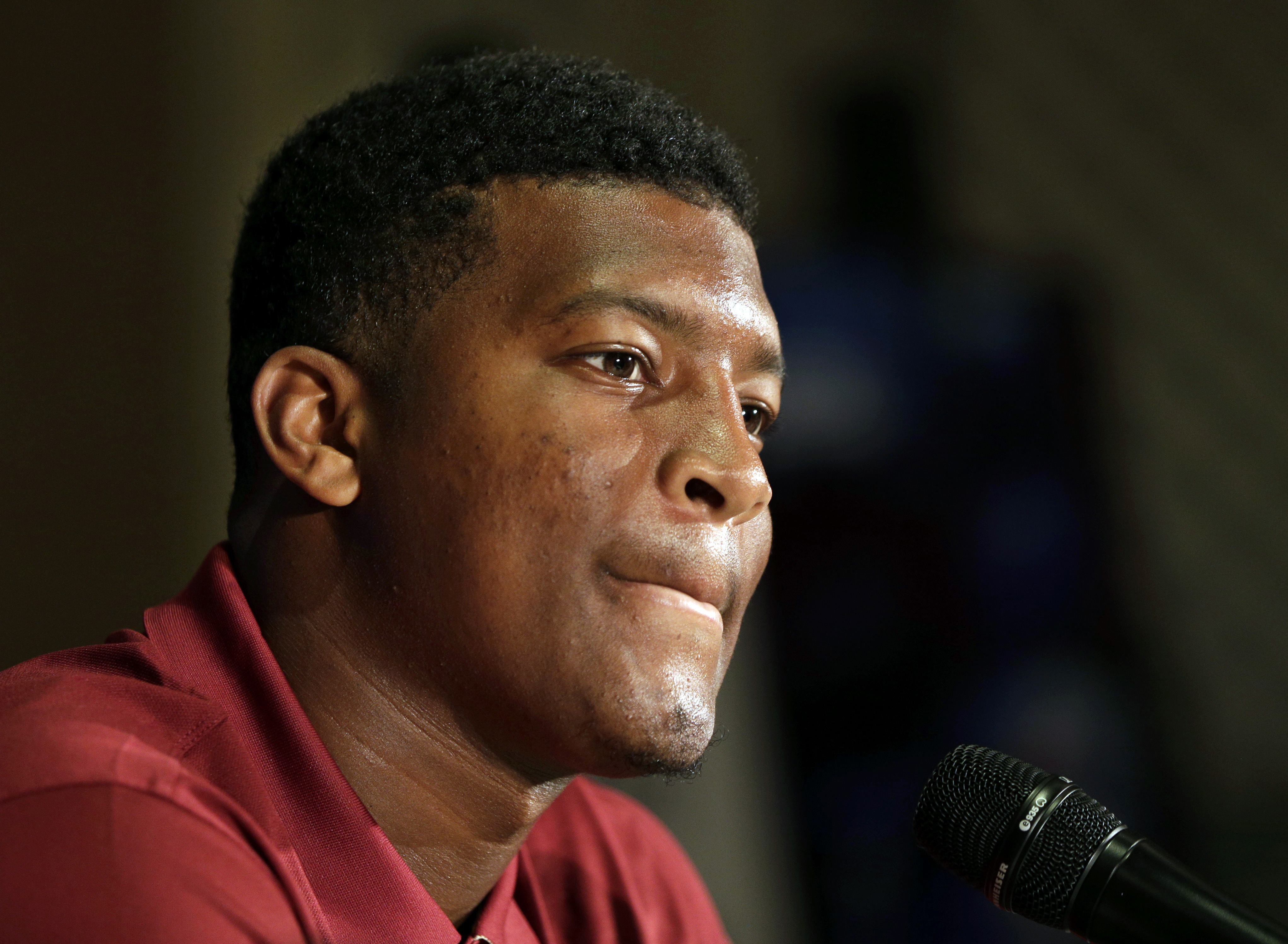 FILE - In this July 20, 2014, file photo, Florida State's Jameis Winston answers a question during a news conference at the Atlantic Coast Conference Football kickoff in Greensboro, N.C. Winston begins his student code of conduct hearing Tuesday, Dec. 2, 2014, in Tallahassee, Fla. (AP Photo/Chuck Burton, File) (AP)