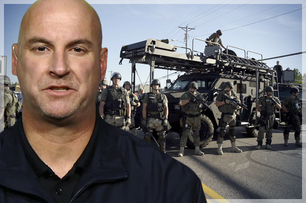 Jeffrey Follmer; Police in Ferguson, Mo., Aug. 13, 2014. (MSNBC/AP/Jeff Roberson/Photo montage by Salon)
