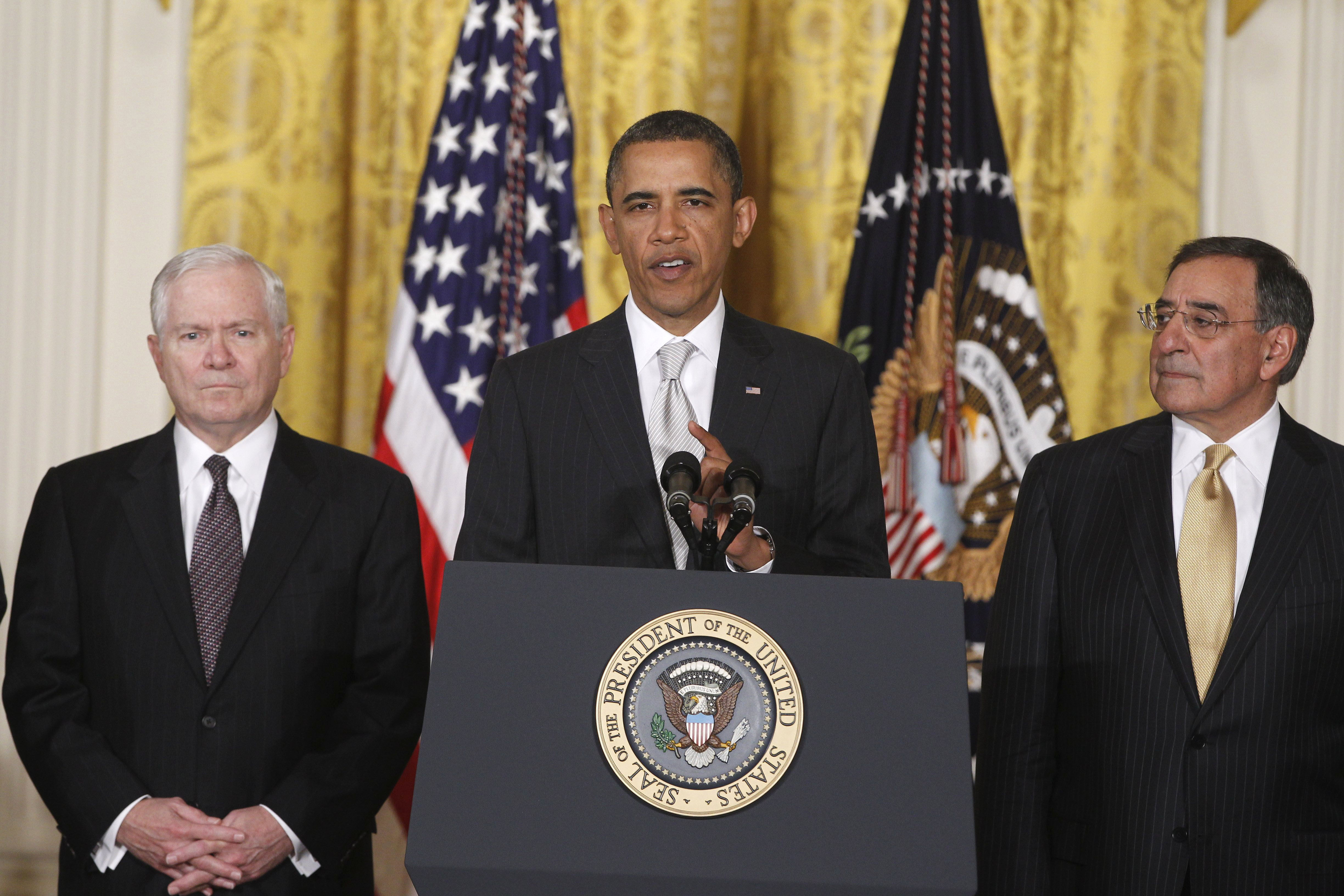 FILE - This April 28, 2011, file photo shows President Barack Obama with then outgoing Defense Secretary Robert Gates, left, and then Defense Secretary-nominee Leon Panetta, in the East Room of the White House in Washington. The friction between President Barack Obama and the Pentagon has been particularly pronounced during his six years in office, and seems to be affecting his ability to find a replacement for Defense Secretary Chuck Hagel. Previous Pentagon chiefs have criticized Obama's efforts to micromanage the Pentagon and centralize decision-making in the White House. (AP Photo/Charles Dharapak, File) (AP)