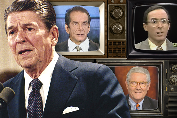 Ronald Reagan; Charles Krauthammer, Michael Kinsley, Fred Barnes (AP/Fox News/CNN/ photo montage by Salon)