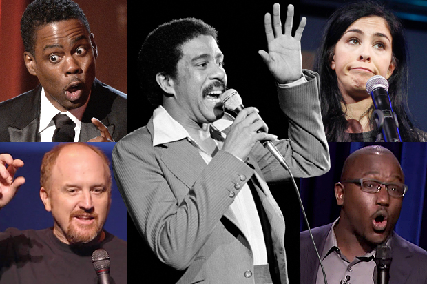 Richard Pryor, surrounded by (clockwise from top left) Chris Rock, Sarah Silverman, Hannibal Burress, Louis CK. (AP/Reuters/Lennox Mclendon/Kevork Djansezian/Jack Plunkett/NBC/FX)