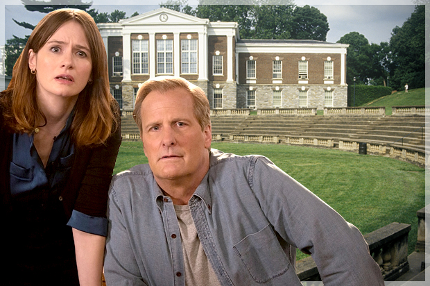 Emily Mortimer and Jeff Daniels in "The Newsroom"; the amphitheater at the University of Virginia (HBO/Melissa Moseley/<a href='http://www.shutterstock.com/gallery-978674p1.html'>American Spirit</a> via <a href='http://www.shutterstock.com/'>Shutterstock</a>/Photo montage by Salon)