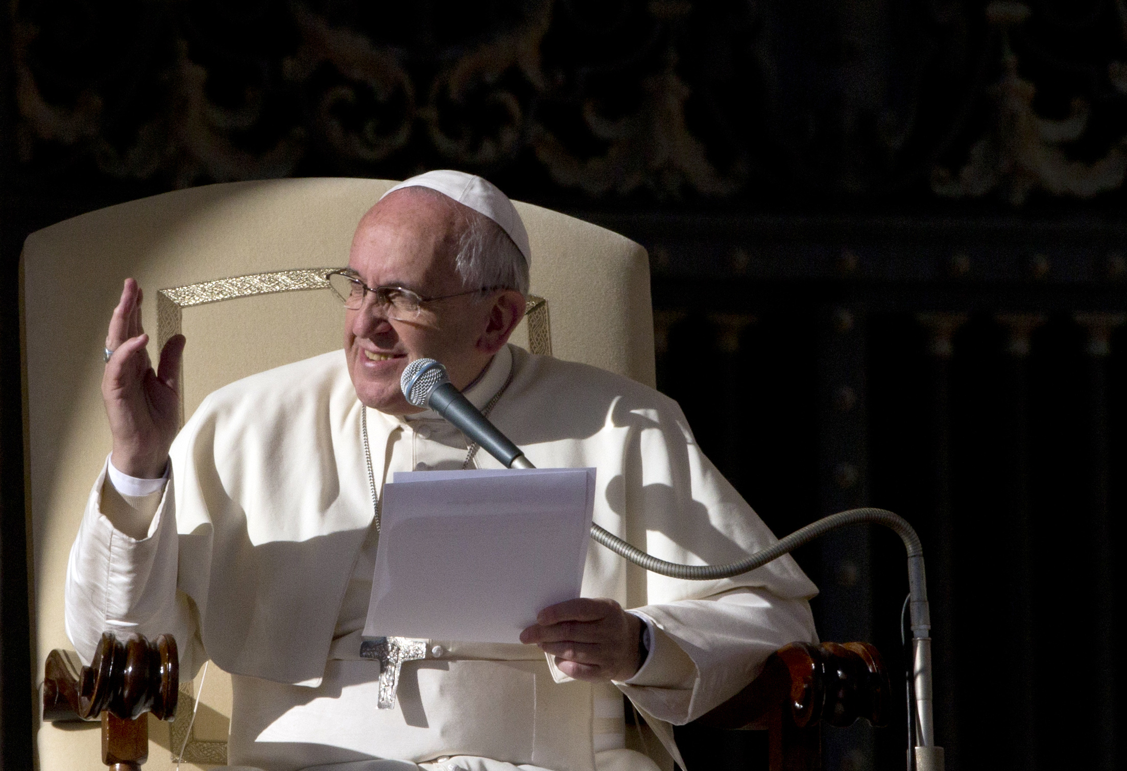 Pope Francis delivers his speech during his weekly general audience in St. Peter's Square at the Vatican, Wednesday, Dec. 17, 2014. (AP/Alessandra Tarantino)