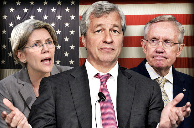 Elizabeth Warren, Jamie Dimon, Harry Reid (Reuters/Jonathan Ernst/Keith Bedford/Joshua Roberts/Photo montage by Salon)