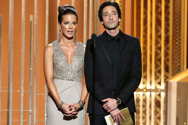 Kate Beckinsale and Adrien Brody at the 72nd Annual Golden Globe Awards, Jan. 11, 2015 (NBC/Paul Drinkwater)