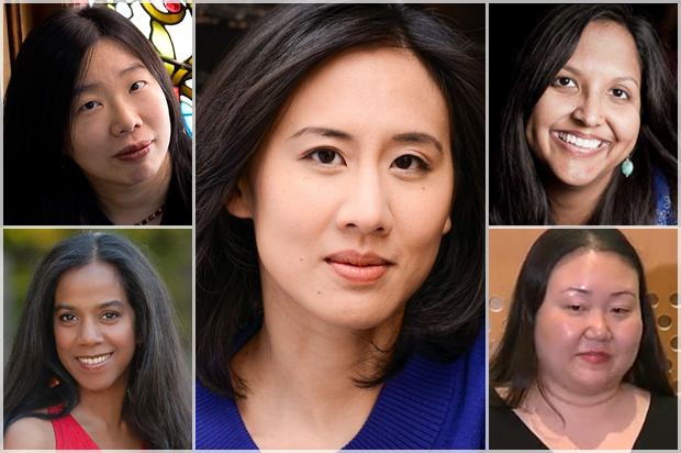 Celeste Ng (center), surrounded by (clockwise, from top left): Lan Samantha Chang, Nina McConigley, Hanya Yanagihara, Ru Freeman (Penguin/Kevin Day/W.W. Norton/Miranda Meyer/ninamcconigley.com/mit.edu/Graywolf Press/Brenda Carpenter)
