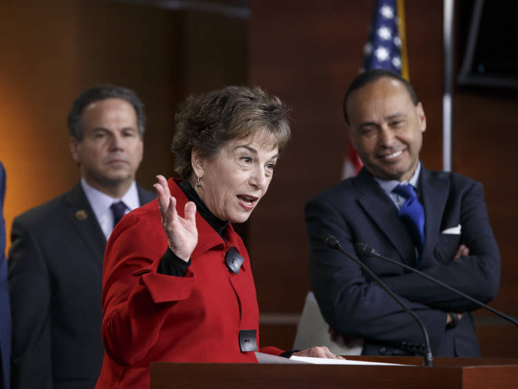 Rep. Jan Schakowsky, D-Ill., joined by Rep. Juan Vargas, D-Calif., left, and Rep. Luis Gutierrez, D-Ill., a leading advocate in the House for comprehensive immigration reform, speaks during a news conference on Capitol Hill in Washington, Tuesday, Jan. 13, 2015, on the implementation of President Barack Obama's executive actions to spare millions from immediate deportation.  (AP Photo/J. Scott Applewhite) (AP)