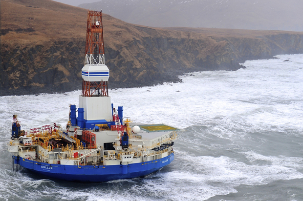 The Royal Dutch Shell drilling rig Kulluk, aground off a small island near Kodiak Island, Jan. 1, 2013. (AP/Sara Francis)