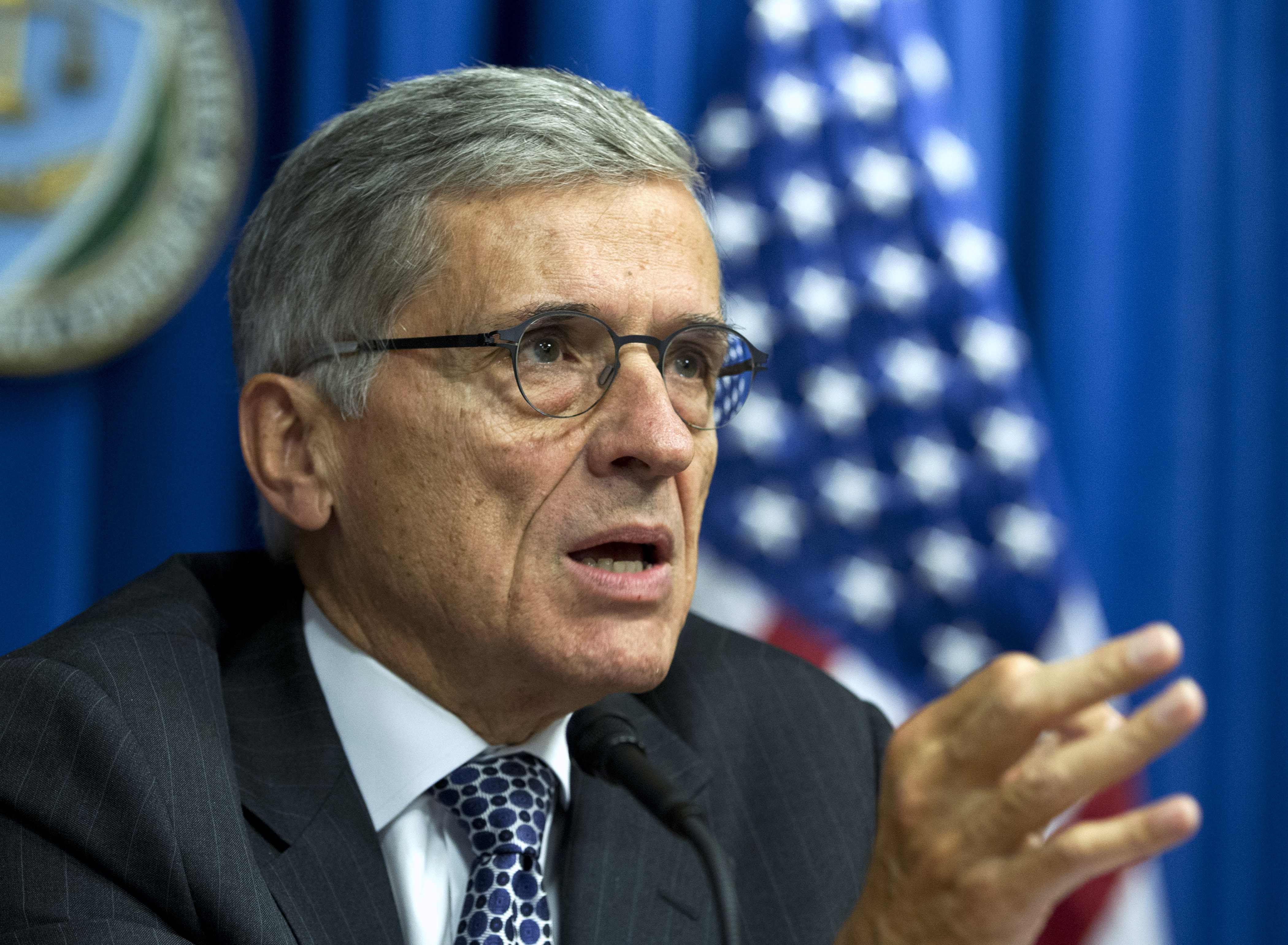 In this Oct. 8, 2014 file photo, Federal Communications Commission (FCC) Chairman Tom Wheeler speaks during new conference in Washington. (AP Photo/Jose Luis Magana)